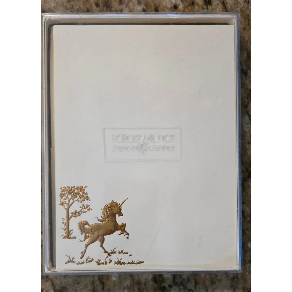 Vintage American Greetings Forget Me Not Gold Embossed Unicorn Stationery Set